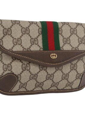 GUCCI GG Supreme Web Sherry Line Pouch PVC Beige Red Green Auth LNZ1003A